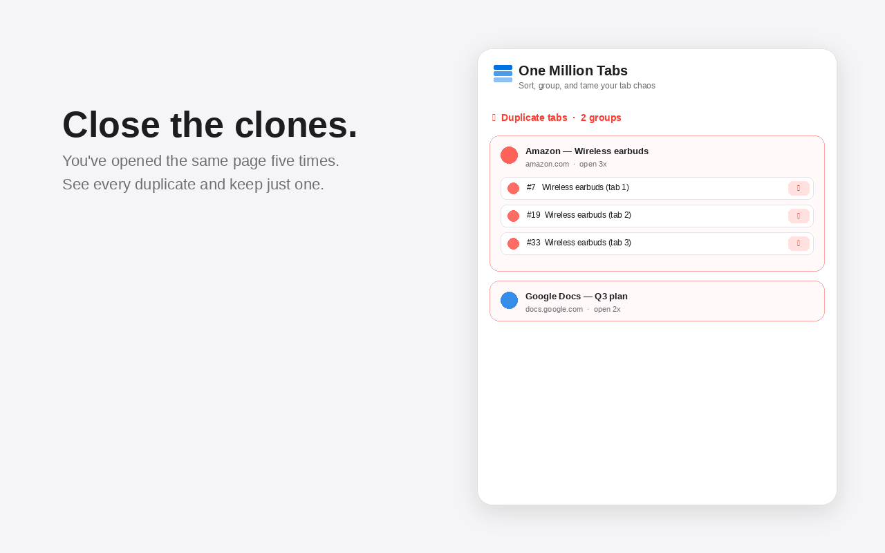 Duplicate tabs grouped together with a close button on each copy